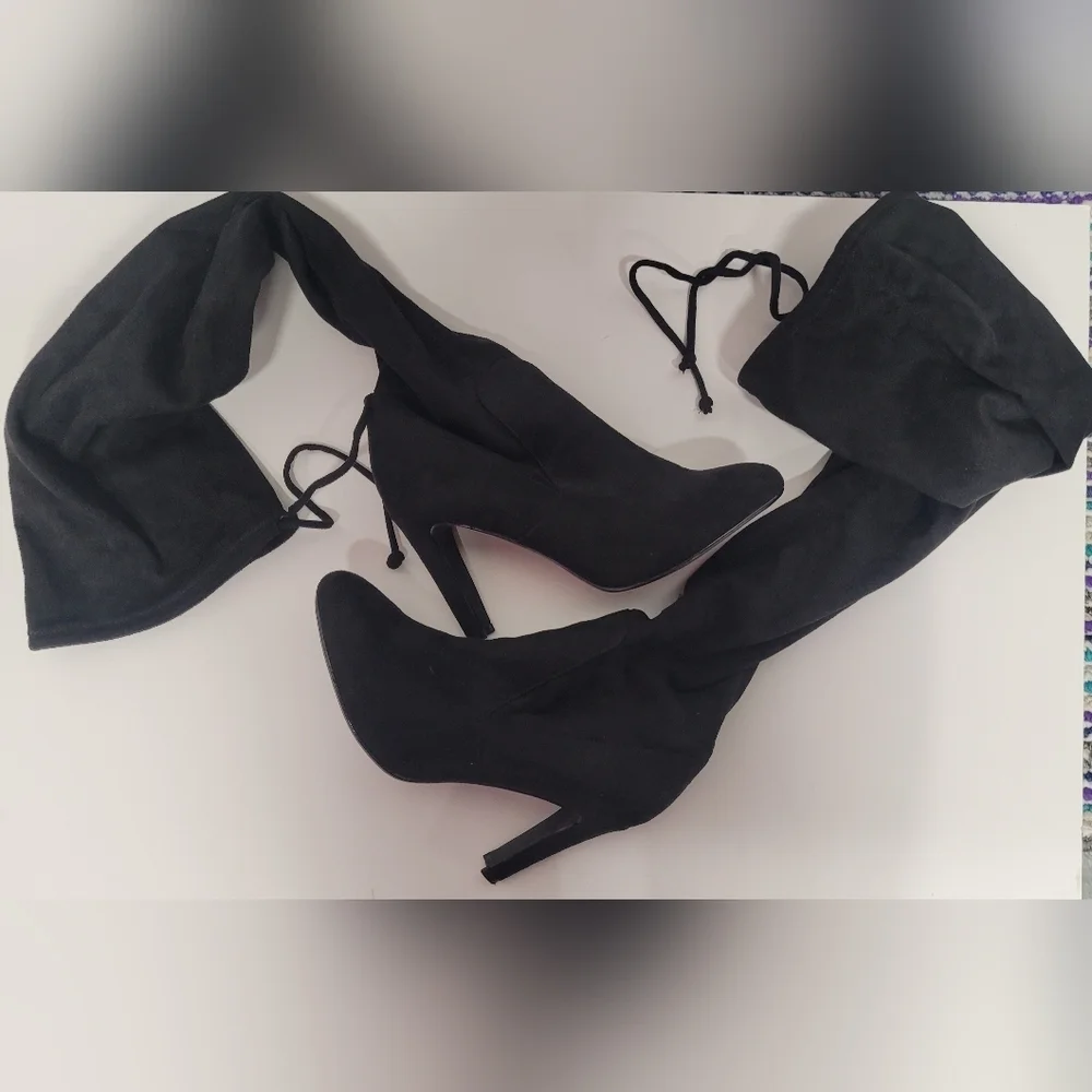 NY&Co Tall Black Suede Feel (man made) Boots Pull On With Top Drawstring 8